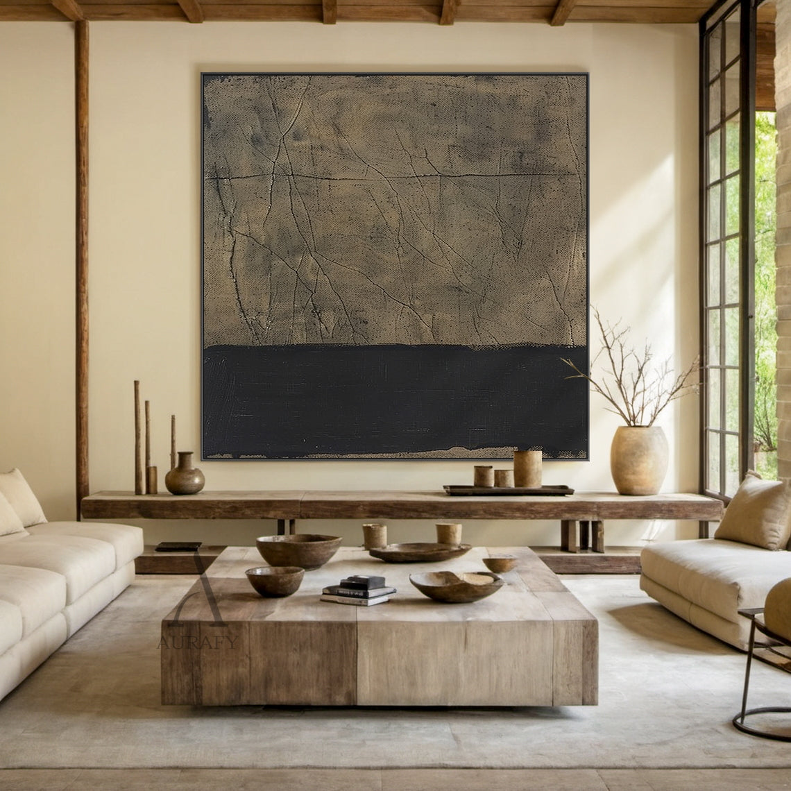 Wabi-sabi minimalist abstract wall art, large upper section in warm textured beige with rough grainy weathered finish, covered with irregular dark thin crack-like lines and one full horizontal dark line across the surface, bottom thick matte black horizontal block with natural uneven handcrafted edges, neutral beige black Japandi tactile wall decor for modern minimalist spaces.
