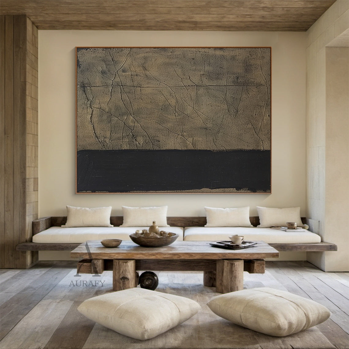 Wabi-sabi minimalist abstract wall art, large upper section in warm textured beige with rough grainy weathered finish, covered with irregular dark thin crack-like lines and one full horizontal dark line across the surface, bottom thick matte black horizontal block with natural uneven handcrafted edges, neutral beige black Japandi tactile wall decor for modern minimalist spaces.