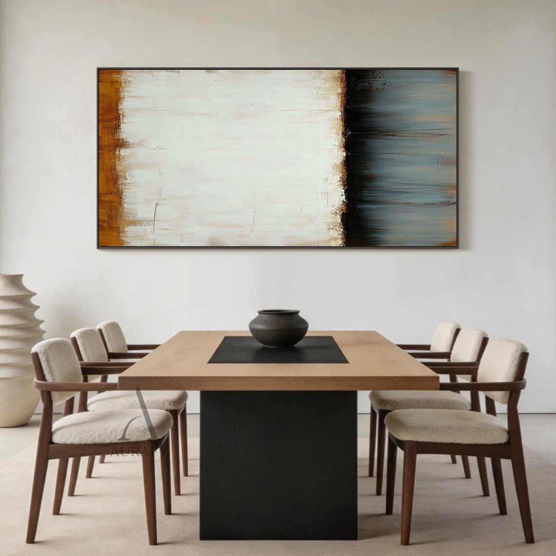Wabi-sabi Minimalist Abstract Wall Art (AURA406) | Layered Tactile Textures Inspired by Ceramic Vase Design | Warm Terracotta Brown Top Edge (Rough Uneven Application), Soft Beige/Off-White Middle (Subtle Brushstrokes & Smudges), Charcoal Band, Gray-Blue Lower Section (Vertical Glaze-Like Drips) | Ideal for Modern Minimalist Study Room, Japanese Tea Room, or Entryway Accent Wall | Neutral Palette (Beige, Gray, Terracotta) Complementing Natural Wood & Woven Rattan Textiles