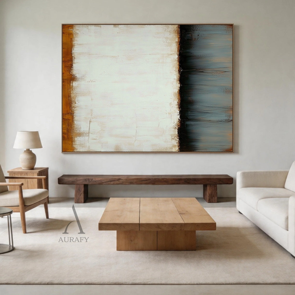 Wabi-sabi Minimalist Abstract Wall Art (AURA406) | Layered Tactile Textures Inspired by Ceramic Vase Design | Warm Terracotta Brown Top Edge (Rough Uneven Application), Soft Beige/Off-White Middle (Subtle Brushstrokes & Smudges), Charcoal Band, Gray-Blue Lower Section (Vertical Glaze-Like Drips) | Ideal for Modern Minimalist Living Room Sofa Backdrop, Scandinavian Bedroom Headboard Wall, or Simple Dining Area Accent | Neutral Palette (Beige, Gray, Terracotta) Complementing Natural Wood & Linen Textiles