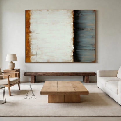 Wabi-sabi Minimalist Abstract Wall Art (AURA406) | Layered Tactile Textures Inspired by Ceramic Vase Design | Warm Terracotta Brown Top Edge (Rough Uneven Application), Soft Beige/Off-White Middle (Subtle Brushstrokes & Smudges), Charcoal Band, Gray-Blue Lower Section (Vertical Glaze-Like Drips) | Ideal for Modern Minimalist Living Room Sofa Backdrop, Scandinavian Bedroom Headboard Wall, or Simple Dining Area Accent | Neutral Palette (Beige, Gray, Terracotta) Complementing Natural Wood & Linen Textiles