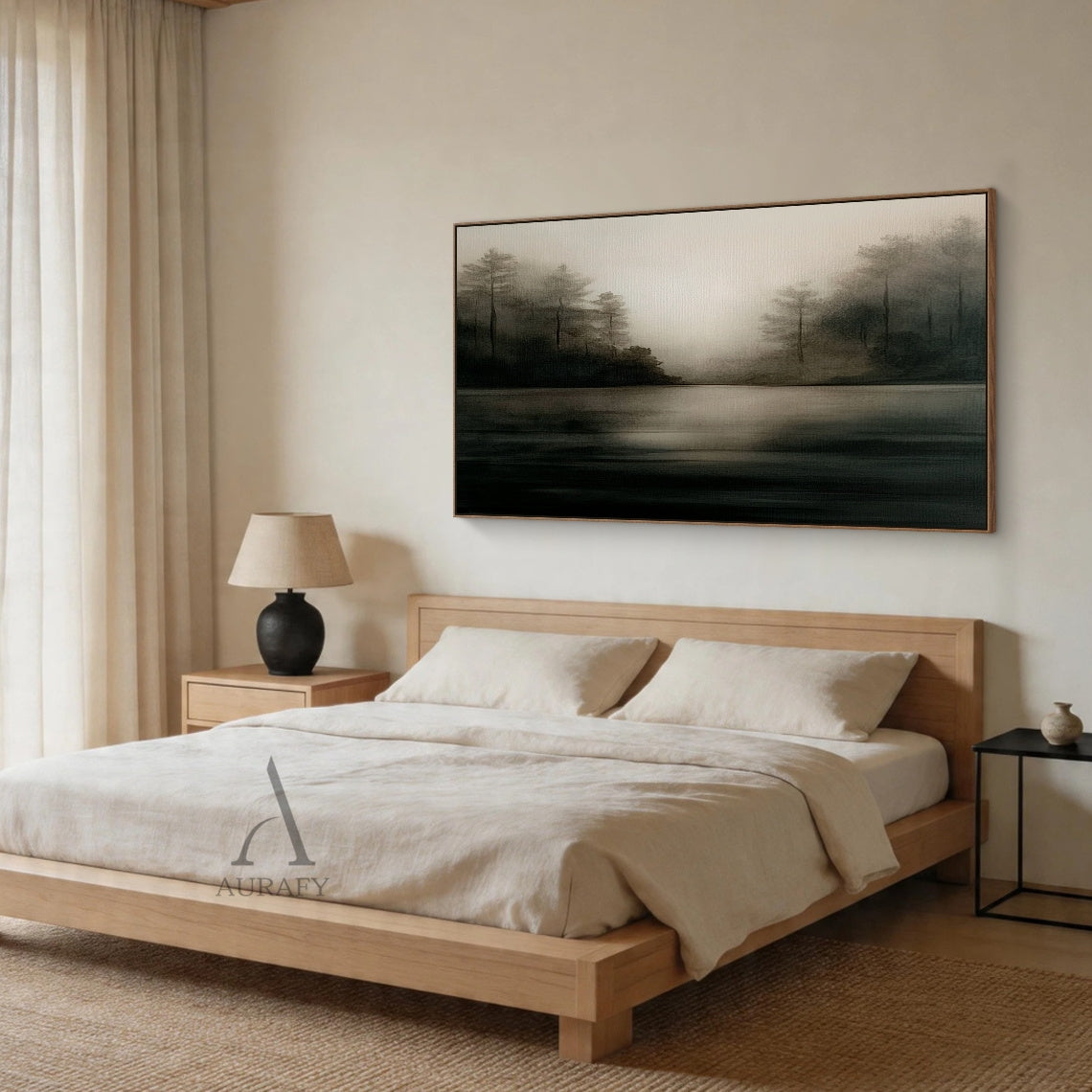 Misty landscape wall art with 3D layered strokes—tall trees frame calm water in muted black, beige, soft gray tones. Wabi-sabi minimalist modern style, ideal for Japandi living room feature wall, minimalist bedroom floating shelf, or tranquil reading corner decor. Tactile texture adds depth to serene spaces. AURA411