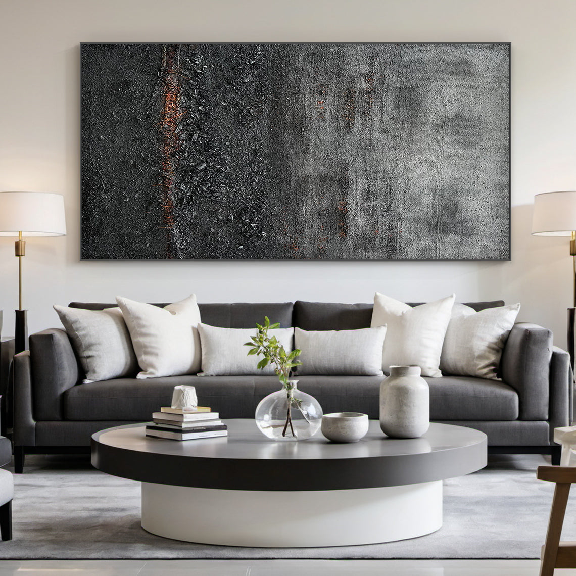 Wabi Sabi Abstract Impasto Canvas Art - Thick Tactile Charcoal Gray & Black Base with Soft Warm Terracotta Undertones. Displayed in a Serene Wabi-Sabi Living Room Above a Natural Wood Media Console, Complementing Linen Sofa, Woven Jute Rug, Handcrafted Ceramic Decor Pieces, and Soft Floor Lamp. Ideal for Calm Organic Living Spaces Seeking Timeless, Textured Wall Accents That Elevate Cozy, Earthy Ambiance.