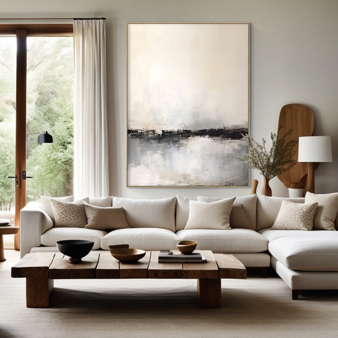 Wabi Sabi Pink-Inspired Tactile Plaster Wall Art AURA183: Vertical Abstract Canvas with Warm Beige Upper Section, Black Horizontal Band, and Light Gray Textured Lower Area. Hand-Applied Plaster Texture for Organic Minimalist Aesthetic. Displayed as Focal Point Above Light Gray Fabric Sofa in Modern Living Room, Complementing Natural Wood Coffee Table, White Floor Lamp, and Potted Greenery. Serene Vibe for Cozy Contemporary Home Interiors.