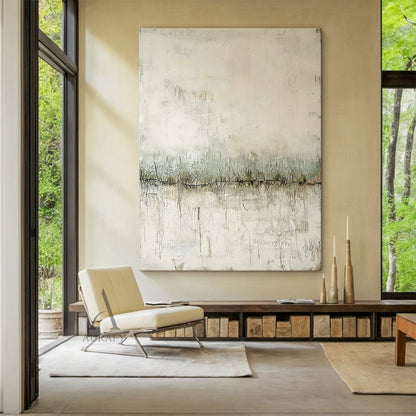 Wabi sabi minimalist abstract textured canvas art AURA801. Close-up detail display shot of the artwork hung on a rough lime-washed off-white accent wall in a compact wabi-sabi dining nook, its core design features including layered muted beige base with aged faded vertical scrape textures, subtle mottled vintage effects, mid-position soft low-saturation sage green horizontal band with distinct dark cracked line along the lower edge and fine craquelure details are clearly presented against the surrounding ra