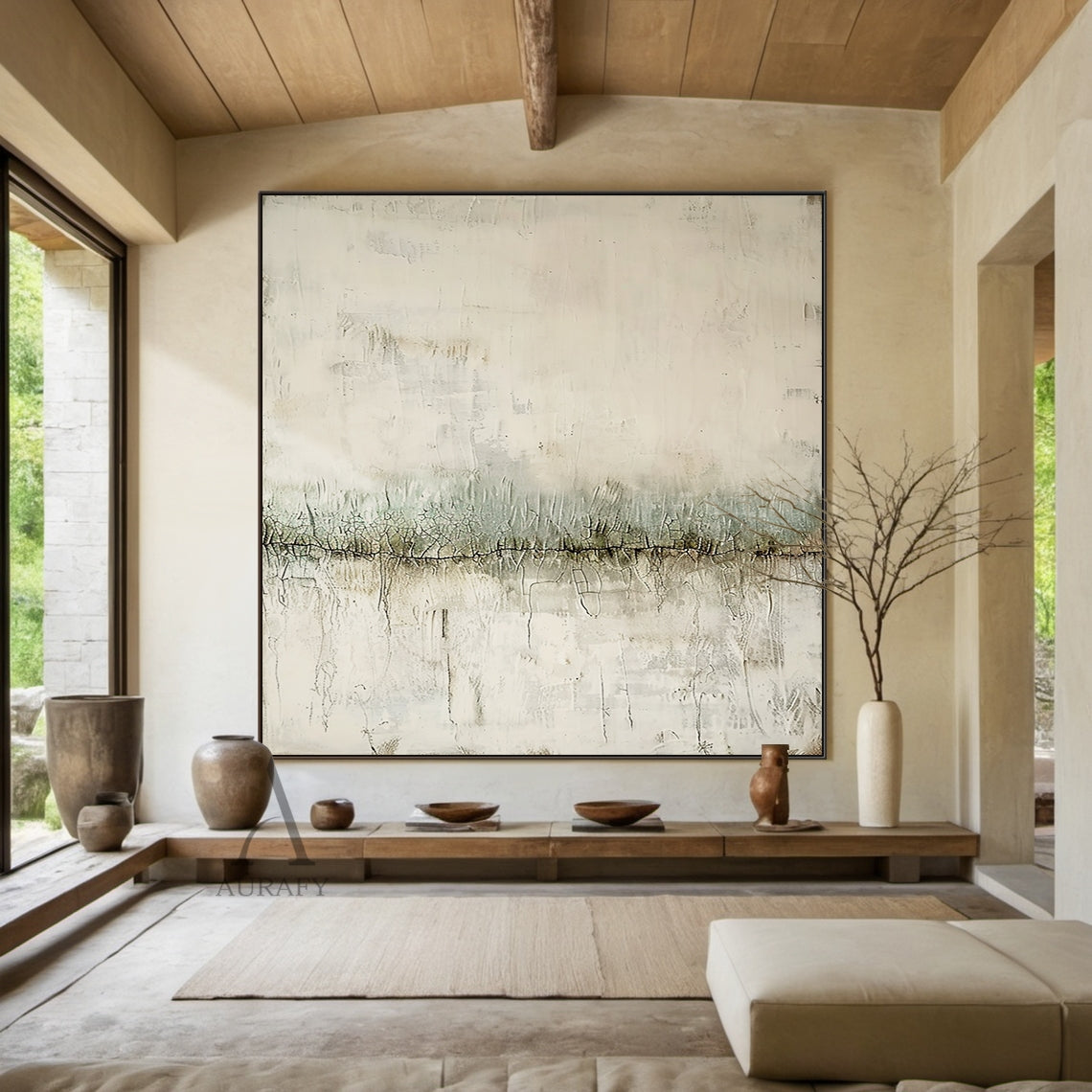 Wabi sabi minimalist abstract textured canvas art AURA801. Layered muted beige base with aged, faded vertical scrape textures and subtle mottled vintage effects cover most of the frame. A soft low-saturation sage green horizontal band sits at the midpoint, with a distinct dark cracked line running through its lower edge, paired with fine craquelure patterns and faint organic linear details. Neutral tactile wall art for Japandi and quiet luxury home decor.