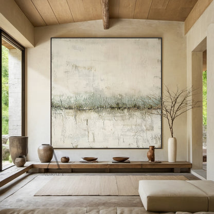 Wabi sabi minimalist abstract textured canvas art AURA801. Layered muted beige base with aged, faded vertical scrape textures and subtle mottled vintage effects cover most of the frame. A soft low-saturation sage green horizontal band sits at the midpoint, with a distinct dark cracked line running through its lower edge, paired with fine craquelure patterns and faint organic linear details. Neutral tactile wall art for Japandi and quiet luxury home decor.