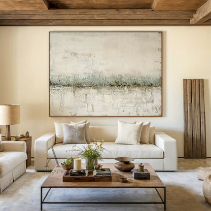 Wabi sabi minimalist abstract textured canvas art AURA801. Layered muted beige base with aged, faded vertical scrape textures and subtle mottled vintage effects cover most of the frame. A soft low-saturation sage green horizontal band sits at the midpoint, with a distinct dark cracked line running through its lower edge, paired with fine craquelure patterns and faint organic linear details. Neutral tactile wall art for Japandi and quiet luxury home decor.