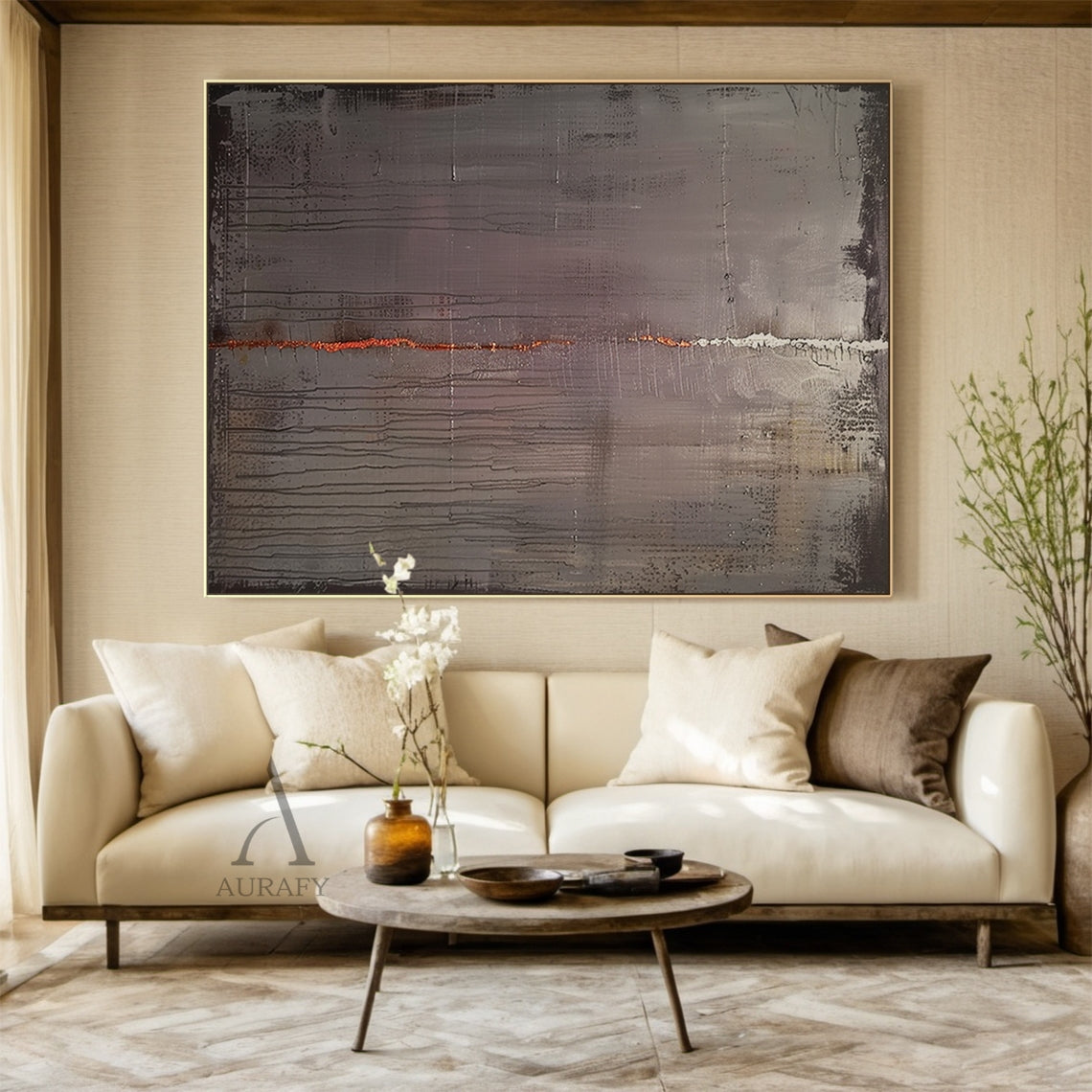 Alt Text:
Black general abstract textured wall art, muted ash gray and deep charcoal black base with horizontal scratch marks, dotted mottled dark textures, vertical paint drip traces, weathered worn edge finish. A high contrast raised vertical line runs through the center of the composition: upper part is high-shine thick textured white, lower part is saturated burnt orange granular texture, suitable for wabi sabi, Japandi, minimalist modern home decor.