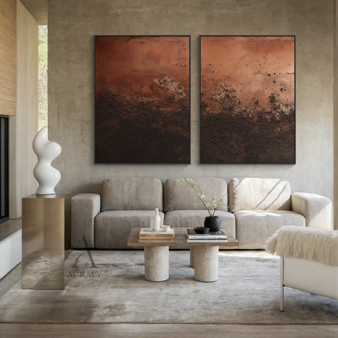 Two piece wabi sabi textured abstract diptych canvas wall art set, hand-painted with thick impasto texture, featuring seamless gradient from deep dark brown at the base to warm terracotta red at the top, held in slim gold frames, hung above cream modular sofa in wood-beamed Japandi style living room, perfectly matching natural wood furniture and neutral earth tone home decor.