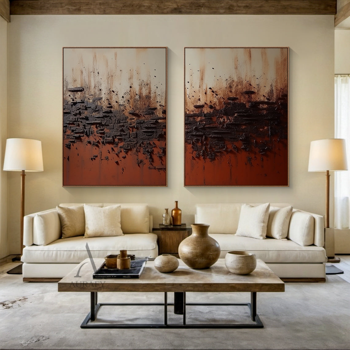2 piece wabi sabi abstract textured canvas wall art set, diptych painting featuring warm terracotta red base, layered deep brown thick impasto plaster texture, soft muted beige upper gradient. This sculpted earth-tone wall art is hung above cream linen sofas in a minimalist wabi sabi living room, perfectly coordinating with natural wood, rough ceramic and neutral linen home decor.