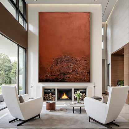 AURA222 Wabi Sabi Red Textured Abstract Wall Art: Large vertical handcrafted canvas with layered impasto textures and organic imperfections, displayed in a serene contemporary bedroom above a low-profile platform bed. Rich warm red tones and tactile details complement soft linen bedding, muted blush pillows, and a natural wood nightstand, embodying Wabi Sabi charm with subtle depth variations. This abstract art serves as a focal statement piece, elevating the tranquil bedroom space with its organic allure.