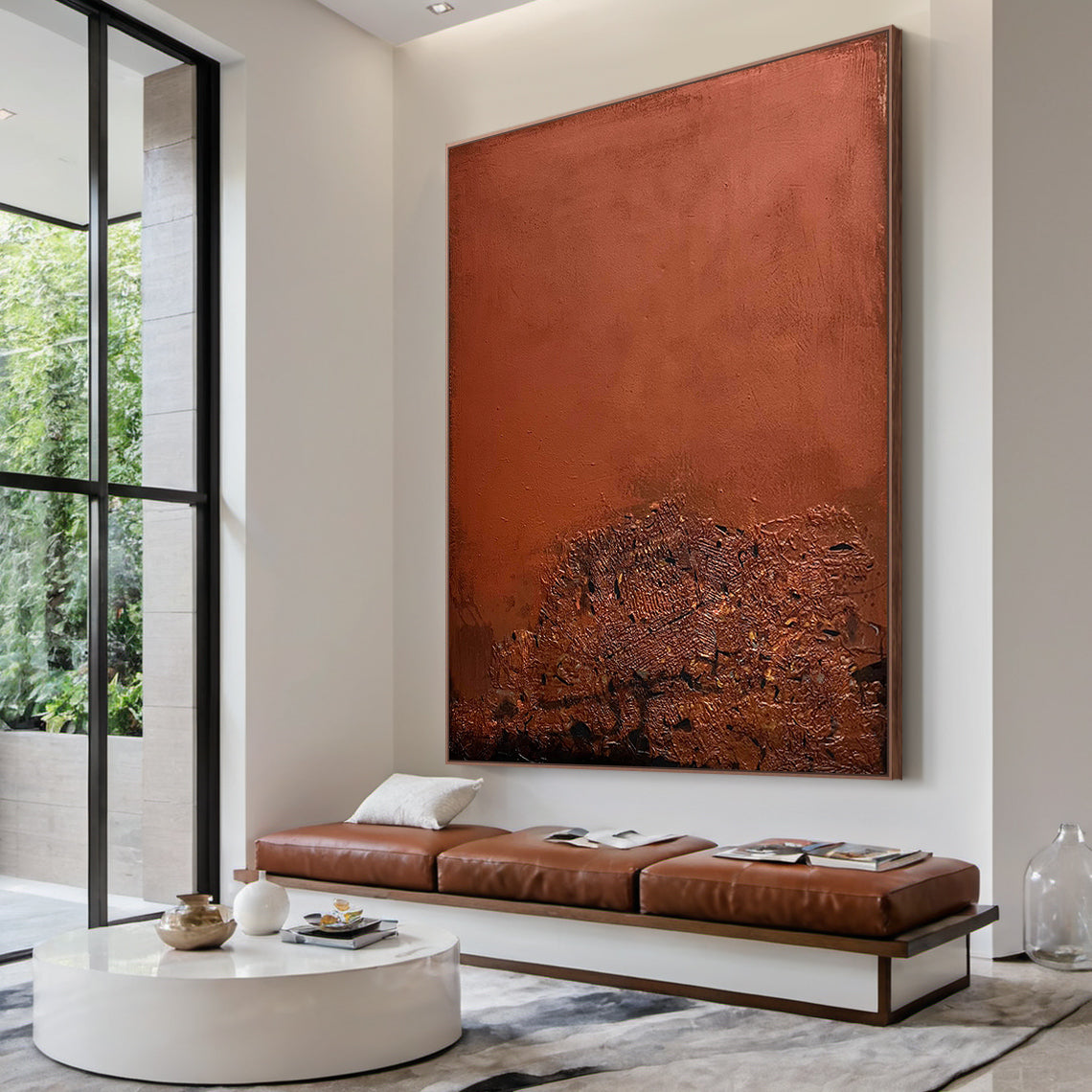 AURA222 Wabi Sabi Red Textured Abstract Wall Art: Large vertical handcrafted canvas with layered impasto textures and organic imperfections, displayed in a modern minimalist living room above a light gray linen sofa. Rich warm red tones and tactile details complement a natural wood coffee table, potted fiddle-leaf fig, and neutral-toned throw pillows, embodying Wabi Sabi charm with subtle depth variations. This abstract art serves as a striking focal point, infusing the sleek living space with organic warmt