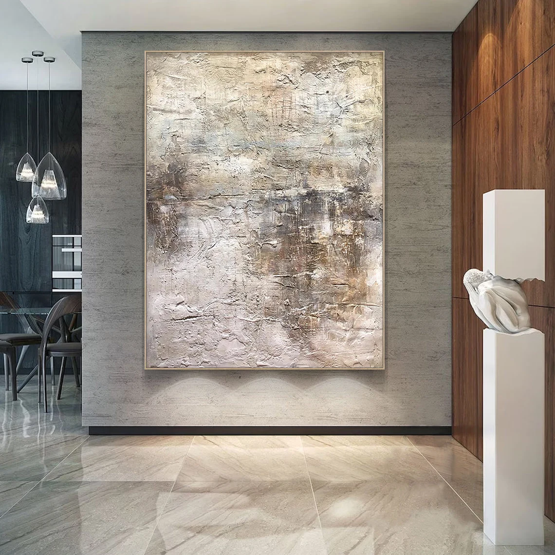 Wabi Sabi Abstract Art AURA217 - Hand-painted high-relief plaster wall decor with soft muted pink and warm neutral tones (beige, taupe, light gray). Hung on a light gray wall beside a wooden dining table in a minimalist dining area, highlighting its tactile uneven texture with thick brushstrokes and intentional imperfections. Ideal for Japandi living rooms, entryways, or modern organic spaces, complements gray walls, wood accents, and smooth surfaces.