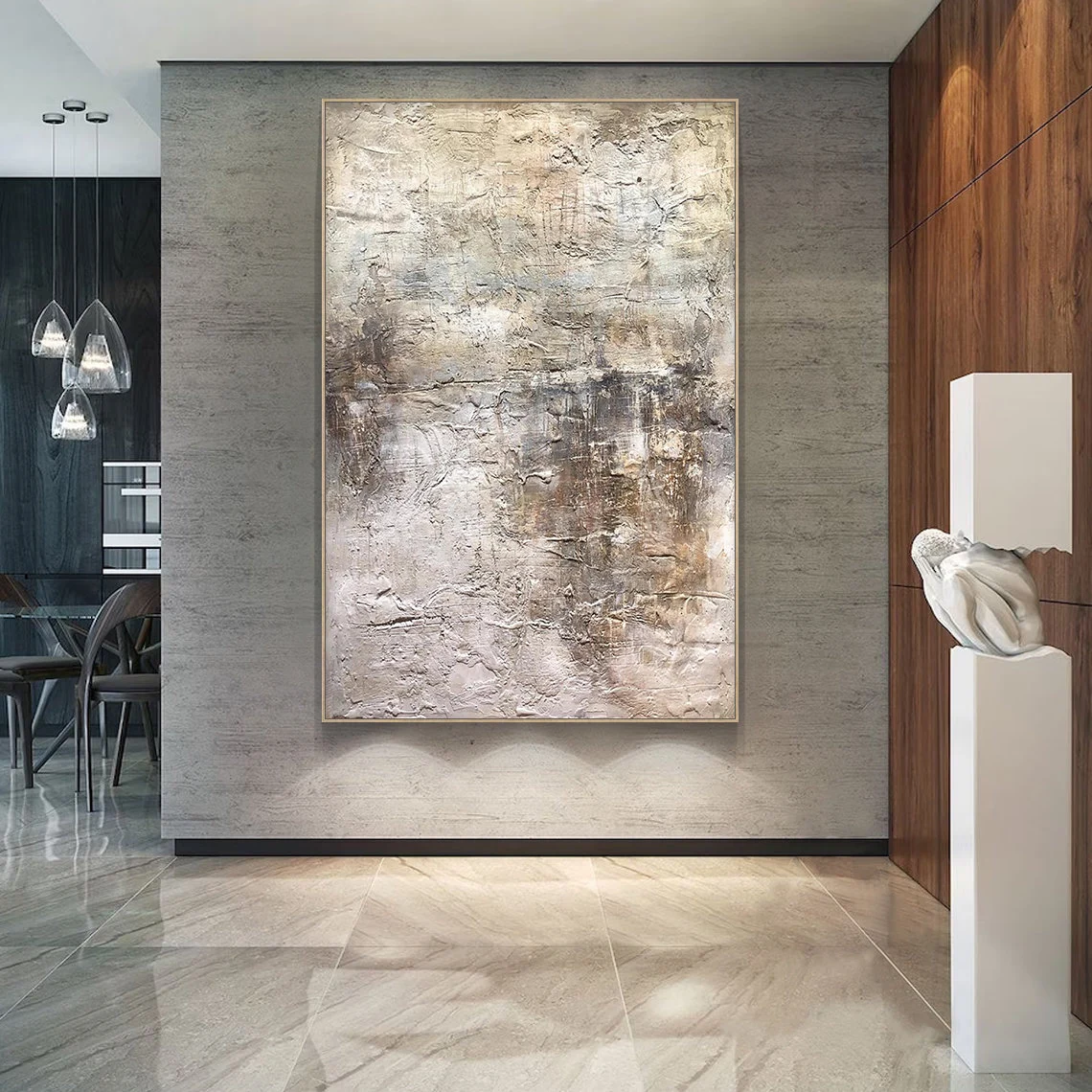 Wabi Sabi Abstract Art AURA217 - Hand-painted high-relief plaster wall decor with soft muted pink and warm neutral tones (beige, taupe, light gray). Tactile uneven texture with thick brushstrokes and intentional imperfections, ideal for Japandi living rooms, minimalist dining areas, entryways, or modern organic spaces. Complements gray walls, wood accents, and smooth surfaces.