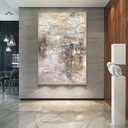 Wabi Sabi Abstract Art AURA217 - Hand-painted high-relief plaster wall decor with soft muted pink and warm neutral tones (beige, taupe, light gray). Tactile uneven texture with thick brushstrokes and intentional imperfections, ideal for Japandi living rooms, minimalist dining areas, entryways, or modern organic spaces. Complements gray walls, wood accents, and smooth surfaces.