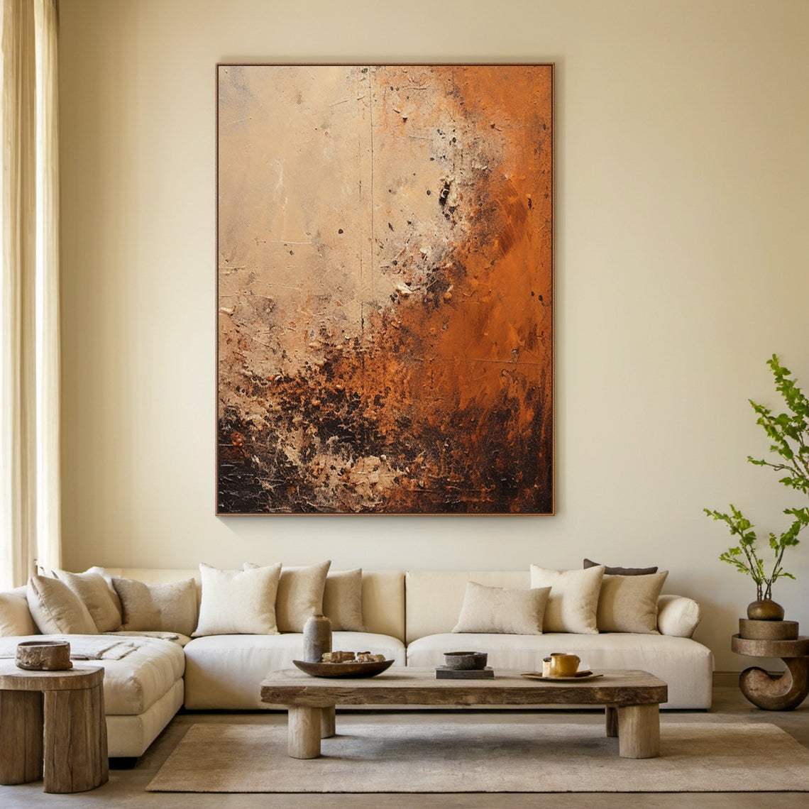 Large General Abstract Black Wabi-Sabi Art Canvas—warm orange, brown, black textured layers with weathered finish—serves as focal point above a neutral linen sofa in a tranquil Wabi-sabi living room. Complemented by a solid oak coffee table, handwoven jute rug, ceramic vase with dried branches, soft natural light from side windows, light wood flooring, potted eucalyptus on the console table, and muted gray walls. Ideal for Wabi-sabi or modern minimalist living room decor.