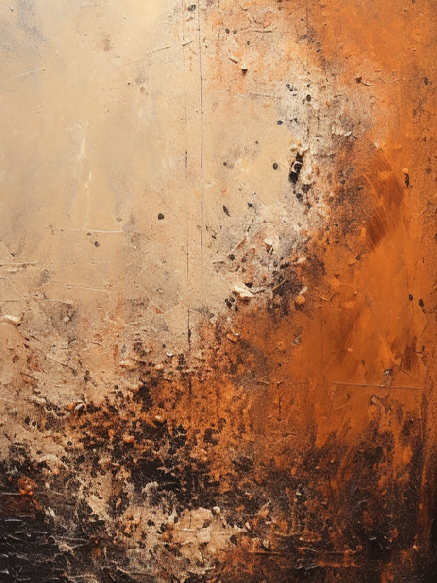 Large General Abstract Black Wabi-Sabi Art Canvas—warm orange, brown, black textured layers with weathered finish—serves as focal point above a neutral linen sofa in a tranquil Wabi-sabi living room. Complemented by a solid oak coffee table, handwoven jute rug, ceramic vase with dried branches, soft natural light from side windows, light wood flooring, potted eucalyptus on the console table, and muted gray walls. Ideal for Wabi-sabi or modern minimalist living room decor.