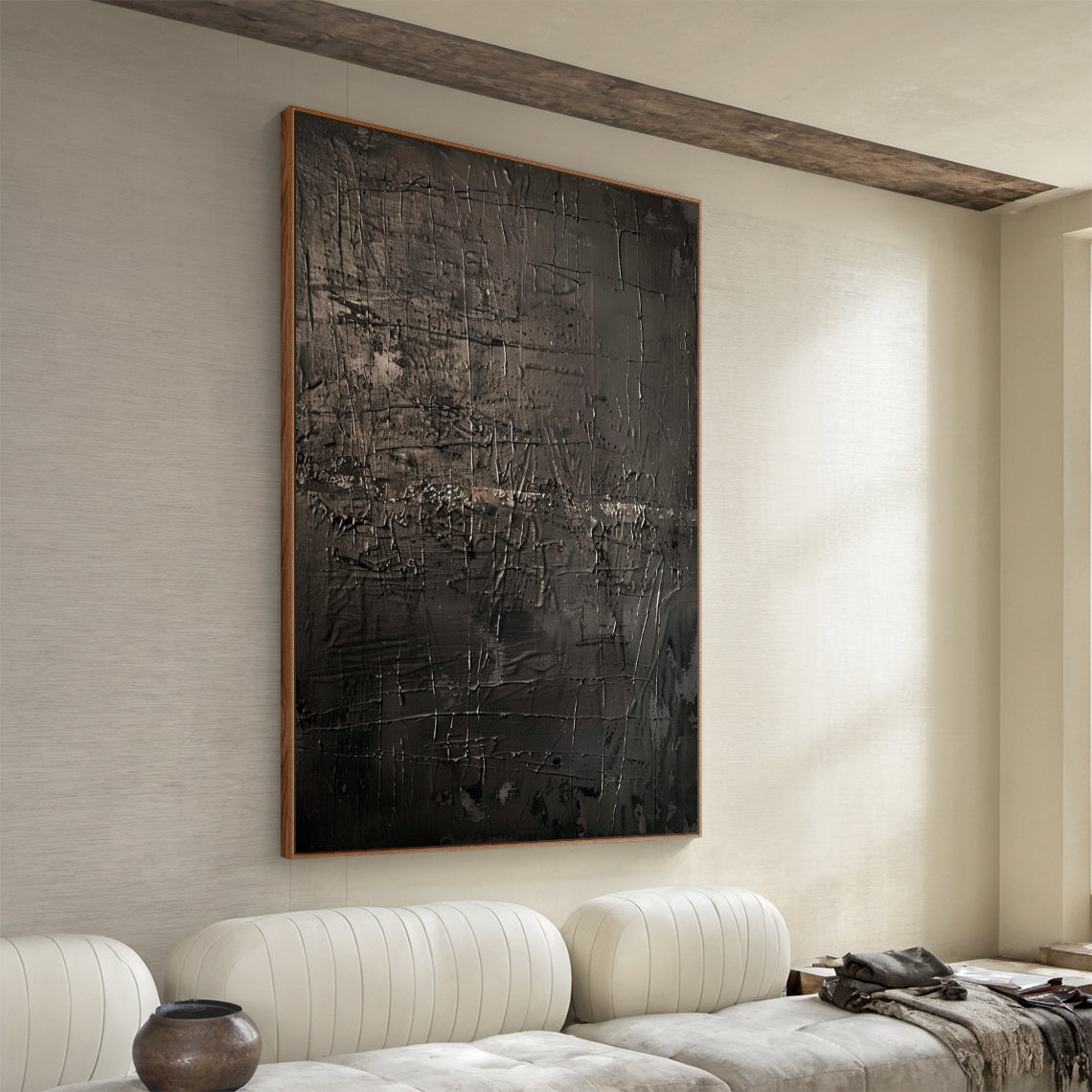 Wabi Sabi Tactile Impasto Artwork AURA198 - Dark Brown & Black Mottled Texture with Scratch Marks. Thick, rustic impasto surface featuring irregular lines and weathered patterns, embodying Wabi Sabi’s imperfection and timeless serenity. Displayed in a modern minimalist study, complementing a solid wood desk, woven rattan chair, potted fiddle-leaf fig, and warm-toned table lamp to elevate a calm, nature-infused workspace ambiance.
