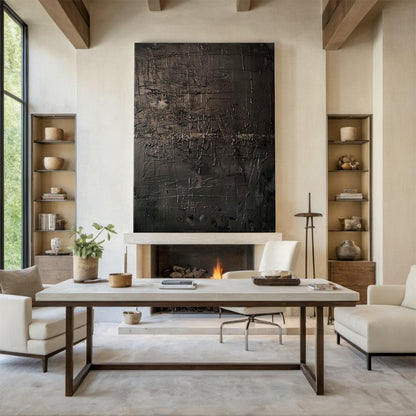 Wabi Sabi Tactile Impasto Artwork AURA198 - Dark Brown & Black Mottled Texture with Scratch Marks. Thick, rustic impasto surface featuring irregular lines and weathered patterns, embodying Wabi Sabi’s imperfection and timeless serenity. Displayed in a modern minimalist study, complementing a solid wood desk, woven rattan chair, potted fiddle-leaf fig, and warm-toned table lamp to elevate a calm, nature-infused workspace ambiance.