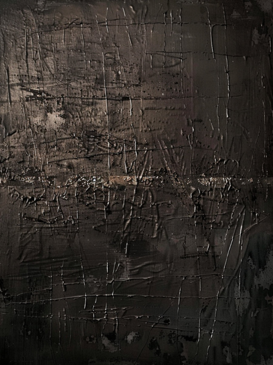 Wabi Sabi Tactile Impasto Artwork AURA198 - Dark Brown & Black Mottled Texture with Scratch Marks. Thick, rustic impasto surface featuring irregular lines and weathered patterns, embodying Wabi Sabi’s imperfection and timeless serenity. Displayed in a cozy bohemian living room, complementing a vintage velvet sofa, handwoven jute rug, terracotta planter with snake plant, and soft floor lamp to enhance a warm, earthy living space atmosphere.