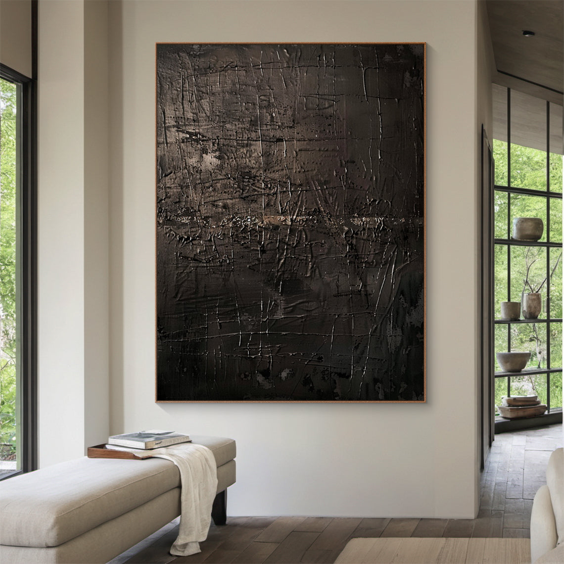 Wabi Sabi Tactile Impasto Artwork AURA198 - Dark Brown & Black Mottled Texture with Scratch Marks. Thick, rustic impasto surface featuring irregular lines and weathered patterns, embodying Wabi Sabi’s imperfection and timeless serenity. Displayed in a cozy bohemian living room, complementing a vintage velvet sofa, handwoven jute rug, terracotta planter with snake plant, and soft floor lamp to enhance a warm, earthy living space atmosphere.