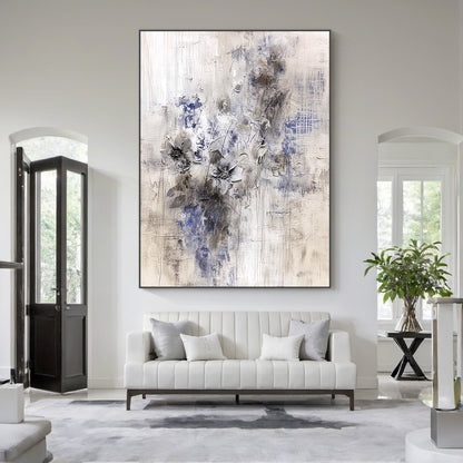 AURA221 Wabi Sabi Beige Blue Gray Abstract Textured Wall Art with 3D Raised Brushstrokes - Cozy Bedroom Accent Piece Hanging Above Soft Linen Bedding in Warm Neutral Decor Space with Wooden Bed Frame, Bedside Lamp, and Potted Succulent, Perfect for Serene Minimalist Bohemian Bedrooms