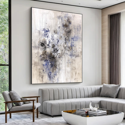 AURA221 Wabi Sabi Beige Blue Gray Abstract Textured Wall Art with 3D Raised Brushstrokes - Stylish Living Room Focal Point Hanging Above Beige Linen Sofa, Wooden Coffee Table, Potted Fiddle Leaf Fig, and Warm Floor Lamp, Perfect for Calm Minimalist Bohemian Living Spaces