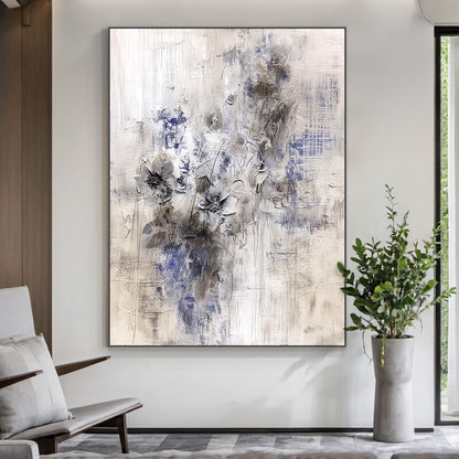 AURA221 Wabi Sabi Beige Blue Gray Abstract Textured Wall Art with 3D Raised Brushstrokes - Stylish Living Room Focal Point Hanging Above Beige Linen Sofa, Wooden Coffee Table, Potted Fiddle Leaf Fig, and Warm Floor Lamp, Perfect for Calm Minimalist Bohemian Living Spaces