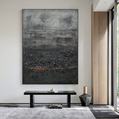 Wabi Sabi Abstract Impasto Canvas Art - Thick Tactile Charcoal Gray & Black Base with Soft Warm Terracotta Undertones. Displayed in a Serene Wabi-Sabi Bedroom Above a Natural Wood Bed Frame, Complementing Linen Bedding, Woven Pendant Light, and Minimalist Wooden Nightstand. Ideal for Calm Organic Bedrooms Seeking Timeless, Textured Wall Accents That Enhance Cozy, Earthy Ambiance.