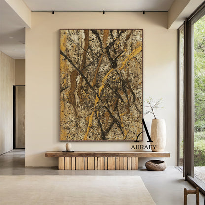 Wabi Sabi Brown Abstract Art Canvas: Intertwined dark brown/black organic branch-like lines, splattered light brown & earthy yellow patches, rough distressed canvas texture with fine ink dots. Natural unpolished beauty, ideal for Japandi living room, minimalist bedroom, console table wall decor, or quiet reading nook focal point (AURA569)  