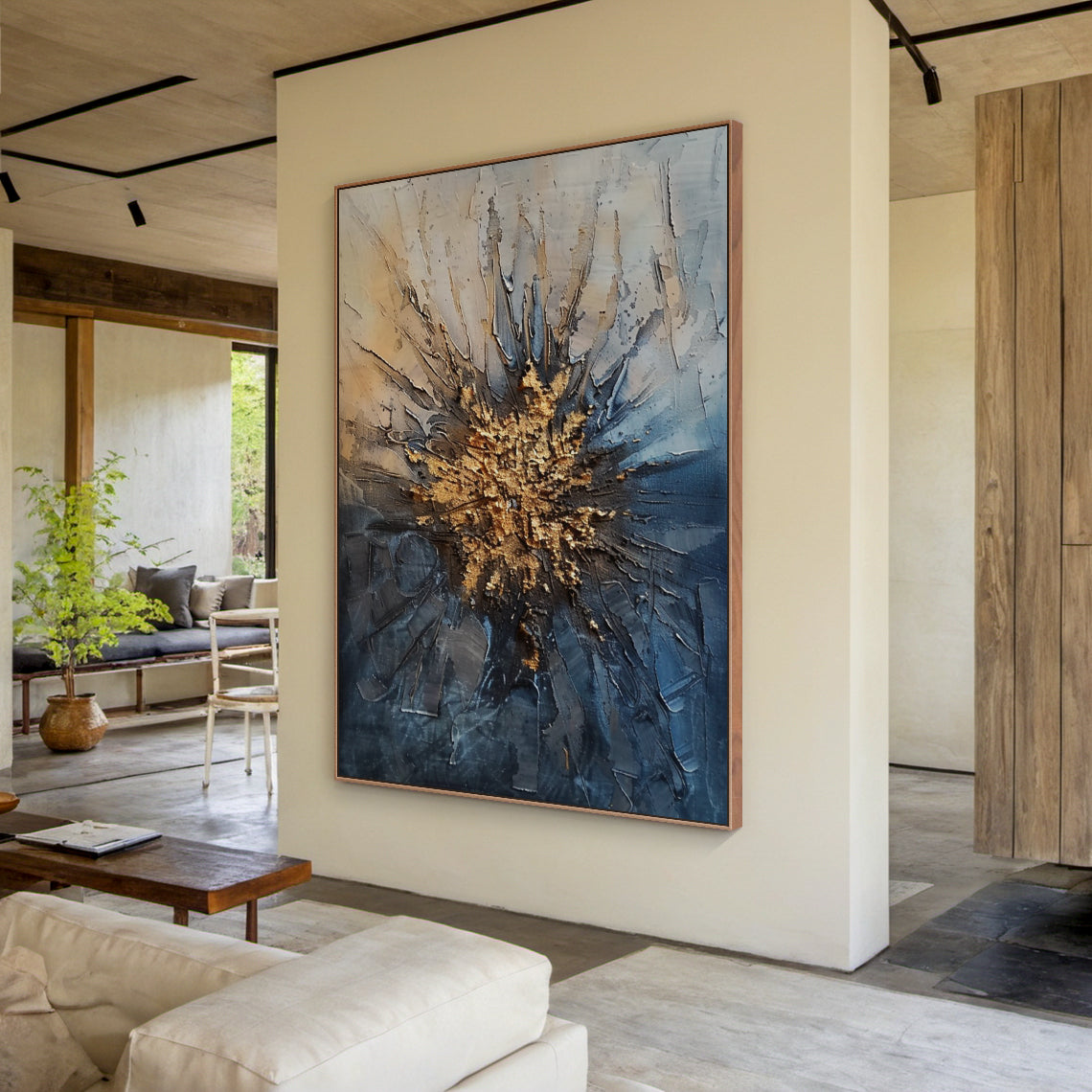 Wabi Sabi Abstract Art AURA193 - Thick Impasto Tactile Wall Art with Blue Gray Gradient & Central Gold Texture. Handmade with scratch and flow marks, rough organic surface, natural growth composition. Ideal for displaying in a sunlit minimalist bedroom, wooden entryway nook, or wabi sabi-inspired home office. Soft pink undertones balance cool and warm, delivering a rustic, time-worn, and serene vibe. Perfect for infusing organic warmth into contemporary minimalist spaces bathed in natural light.